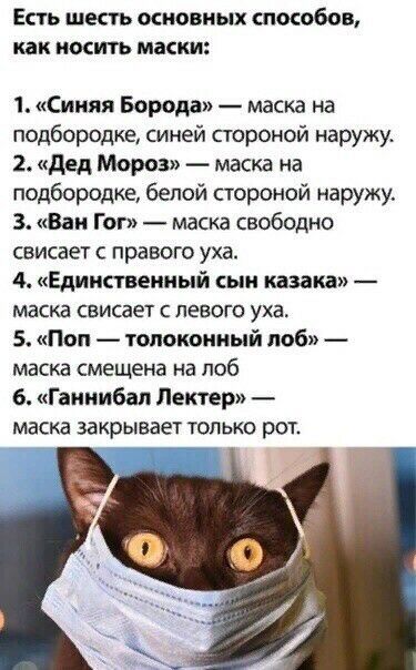 Есть шесть оновиых поюбов КВК НОИТЬ МВСКИЁ 1 Синяя Борода маска на подбородке синей стороной наружу 2 дед Мороз маска на подбородке белой стороной наружу 3 Ван Гог маска свободно свисает правого уха 4 Единственный сын казака маска свисает с левого уха 5 Поп топотнный поб _ маска смещена на лоб 6 Ганнибал Лектер маскд закрывает только рот