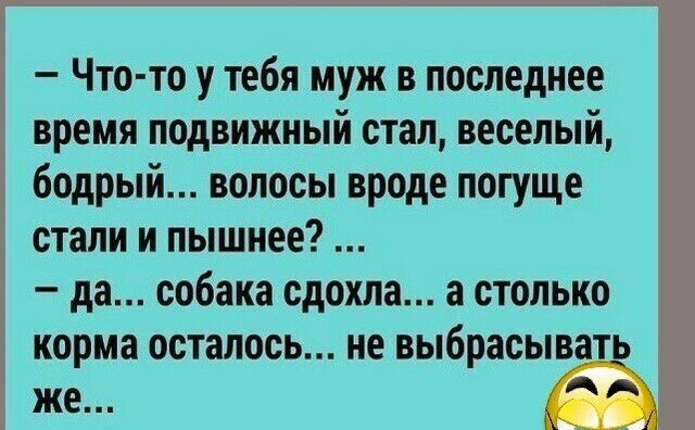Что то у тебя муж в последнее время подвижный стал веселый бодрый волосы вроде погуще стали и пышнее да собака сдохла а столько корма осталось не выбрасывать