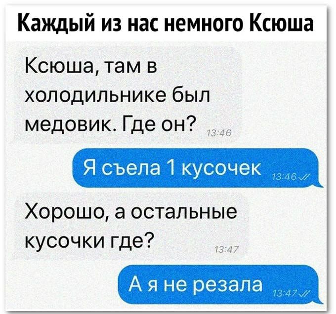 Каждый из нас немного Ксюша Ксюша там в холодильнике был медовик Где он Я съела 1 кусочек Хорошо а остальные кусочки где 7 А я не резала