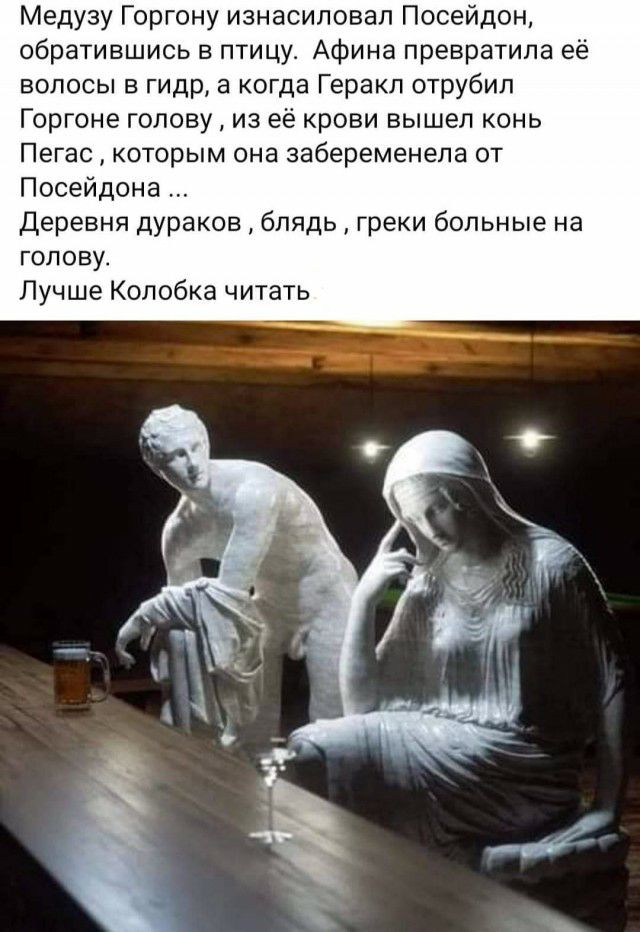 Медузу Горгону изнасиловал Посейдон обратившись в птицу Афина превратила её волосы в гидр а когда Геракл отрубил Горгоне голову из её крови вышел конь Пегас которым она забеременела от Посейдона Деревня дураков блядь греки больные на голову Лучш опобка читать