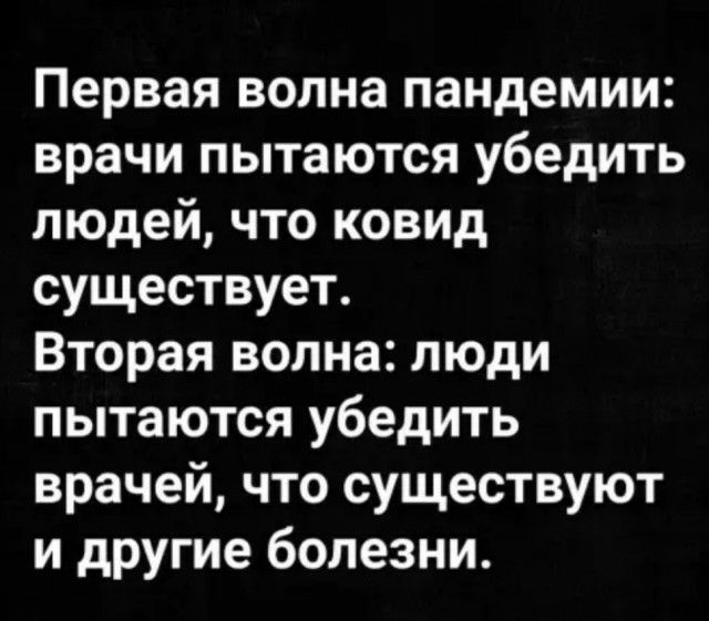 Первая волна пандемии врачи пытаются убедить людей что КОВИд существует Вторая волна люди пытаются убедить врачей что существуют и другие болезни