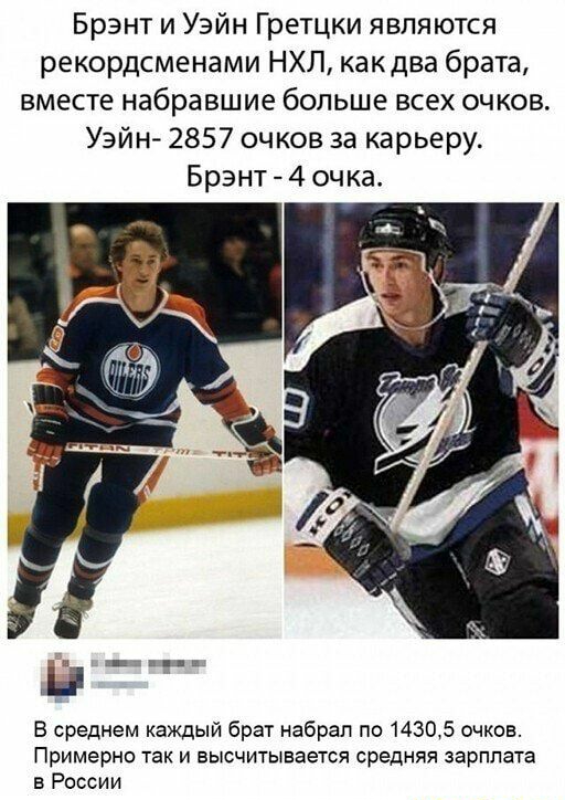 Брэнт и Уэйн Гретцки являются рекордсменами НХЛ какдва брата вместе набравшие больше всех очков Уэйн 2857 очков за карьеру Брэнт 4 очка В среднем каждый брат набрал по 14305 очков Примерно так и высчитывается средняя зарплата в России
