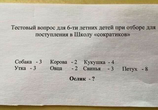 Тестовый вопрос для 6ти летних детей при пборе для поступления в Школу оократиков Собака 3 Корова 2 Кукушка 4 Утка 3 Овца 2 Свинья 3 Пек ух 8 Ослик