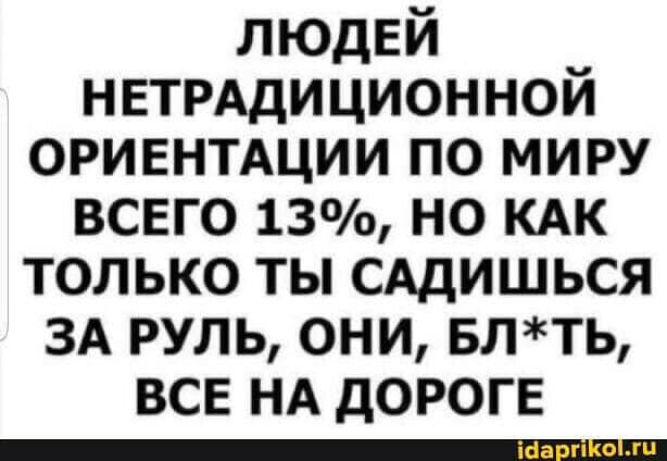 ЛЮДЕЙ НЕТРАДИЦИОННОЙ ориентщии по миру всвго 13 но КАК только ты сддишься 3А руль они влть все НА дОРОГЕ