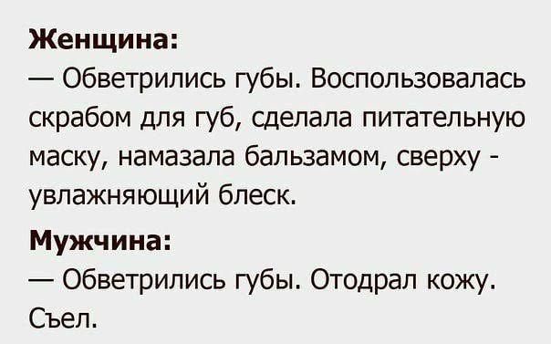 Женщина Обветрипись губы Воспользовапась скрабом для губ сделала питательную маску намазала бальзамом сверху увлажняющий блеск Мужчина Обветрились губы Отодрал кожу Съел