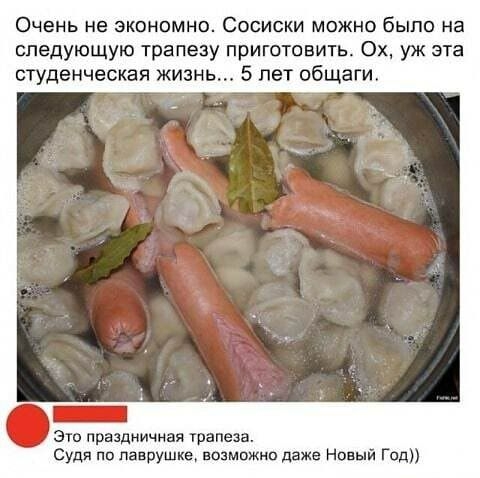 Очень НБ ЗКОНОМНО СОСИСКИ МОЖНО было на следующую трапезу приготовить Ох уж эта студенческая жизнь 5 лет общаги Судя по лаврушке возможно даже Новый Год