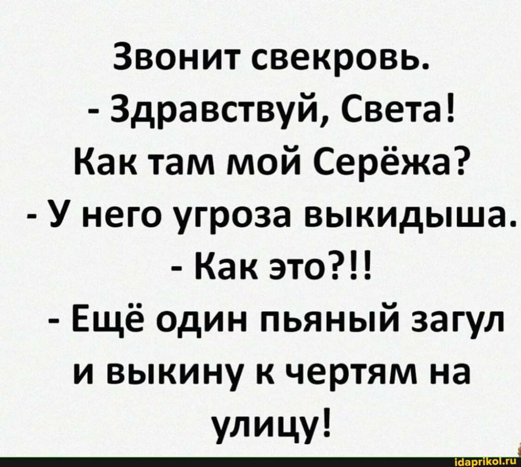 Звонитсвекровь Здравствуй Света Как там мой Серёжа У него угроза выкидыша Как это Ещё один пьяный загул и выкину к чертям на улицу _