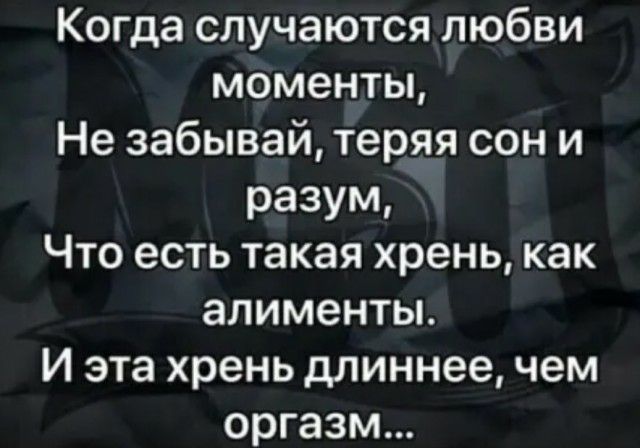 Когда случаются любви моменты Не забывай теряя сон и разум Что есть такая хрень как алименты И эта хрень длиннее чем оргазм
