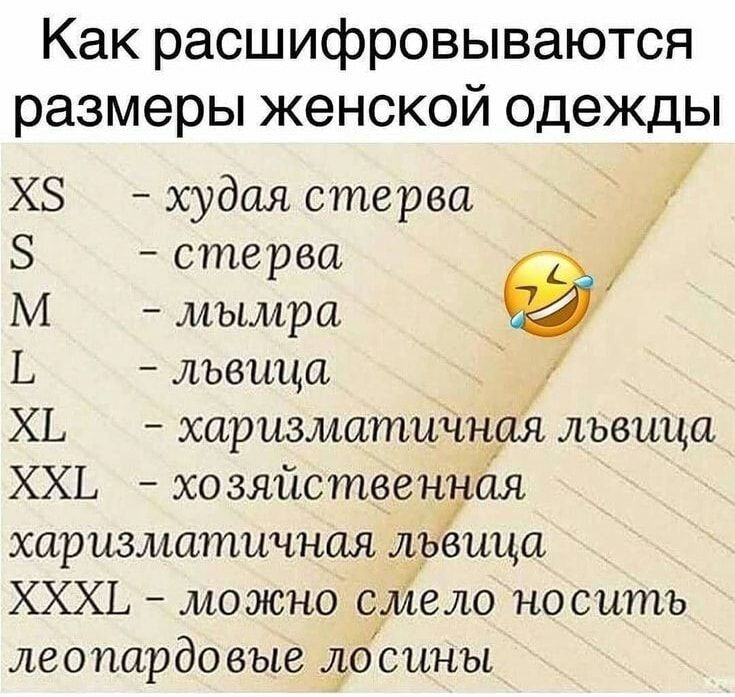 Как расшифровываются размеры женской одежды ХЗ худая стерва 5 стерва 7 М мымра ва Ь львица ХЬ харизматичНдя львица ХХЬ хозяйственуая харизматичнсъя дрешщ ХХХЬ можно сліело носить леопардо вые до сины