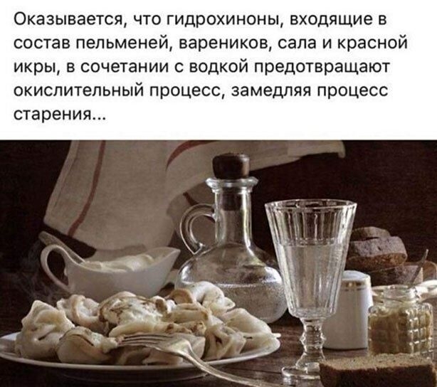 Оказывается что гидрохиноны входящие в состав пельменей вареников сала и красной икры в сочетании с водкой предотвращают окислительный процесс замедляя процесс старения