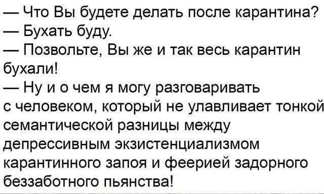 Что Вы будете делать после карантина Бухать буду Позвольте Вы же и так весь карантин бухали Ну и о чем я могу разговаривать с человеком который не улавливает тонкой семантической разницы между депрессивным экзистенциализмом карантинного запоя и феерией задорного беззаботного пьянства