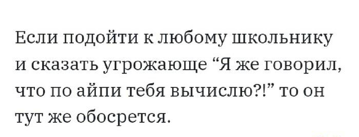 Если подойти к любому школьнику И сказать угрожающе Я же говорил что по айпи тебя вычислю то он тут же обосрется