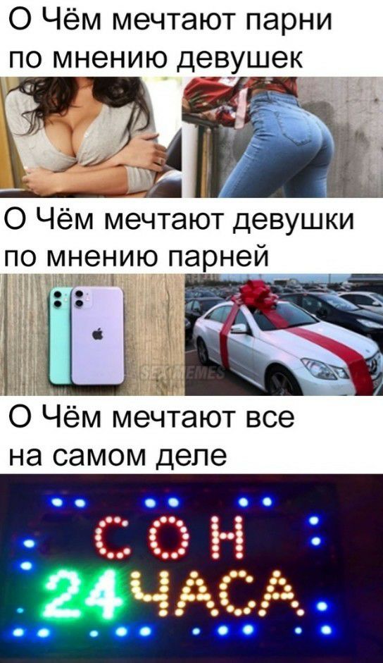 О Чём мечтают парни по мнению девушек О Чём мечтают девушки по мнению парней ч 0 Чём мечтают все на самом деле