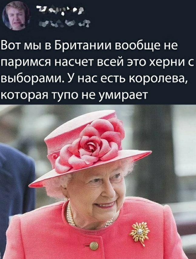 _ им Вот мы в Британии вообще не паримся насчет всей это херни с выборами У нас есть королева которая тупо не умирает 4
