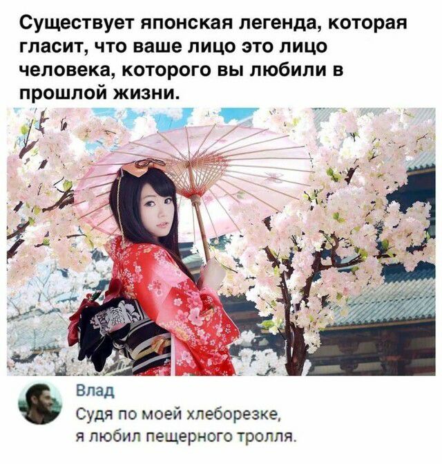 Существует японская легенда которая гласит что ваше лицо это лицо человека которого вы любили в прошлой жизни Судя по моей хпеборезке я любил пещерного тролля