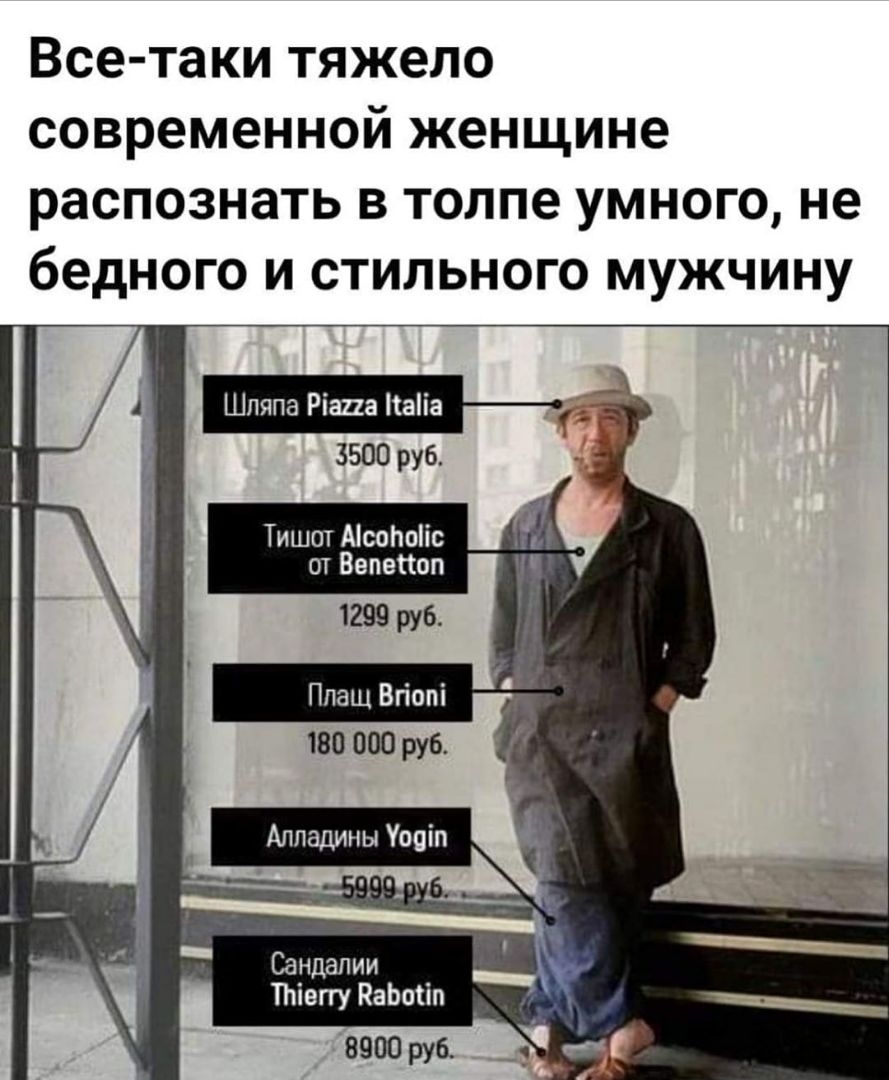 Все таки тяжело современной женщине распознать в толпе умного не бедного и стильного мужчину Шляпа Ріша Ъаіа 3500 руб Тишот АісоЬоііс от Вепепоп Плащ Впопі 180 000 руб Сандалии _ Птіегту ПаЬосіп