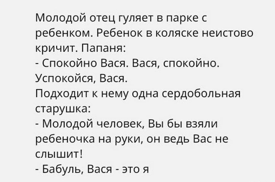 Молодой отец гуляет в парке с ребенком Ребенок в коляске неистово кричит Папаня Спокойно Вася Вася спокойно Успокойся Вася Подходит к нему одна сердобольная старушка Молодой человек Вы бы взяли ребеночка на руки он ведь Вас не слышит Бабуль Вася это я