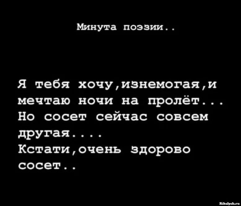 Минута поэзии Я тебя хочуизнемогаяи мечтаю ночи на пролёт Но сосет сейчас совсем другая Кстатиочень здорово сосет