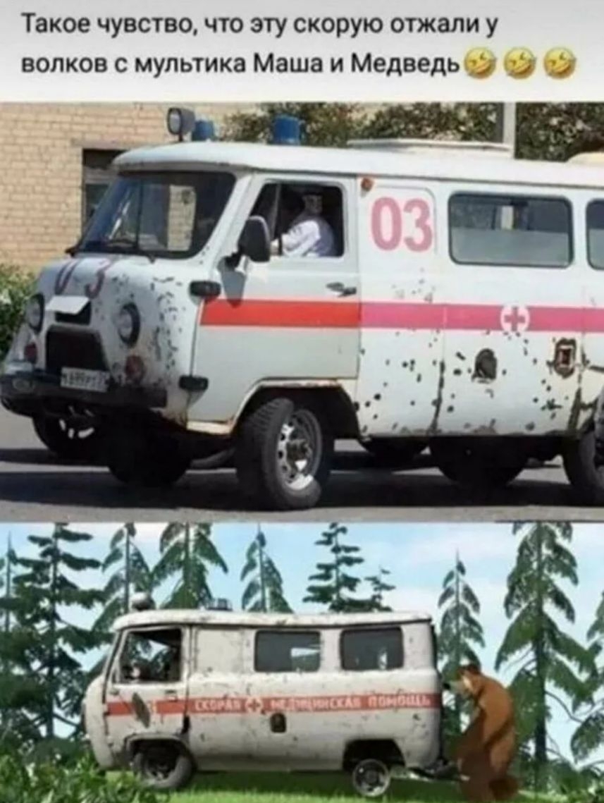 Такое чувство что эту скорую отжали у волков с мультика Маша и Медведь