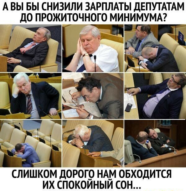 А ВЫ БЫ СНИЗИЛИ ЗАРПЛАТЫ ДЕПУТАТАМ ДО ПРОЖИТОЧНОГО МИНИМУМА СЛИШКОМ ДОРОГО НАМ ОБХОДИТСЯ ИХ СПОКОЙНЫЙ СОН