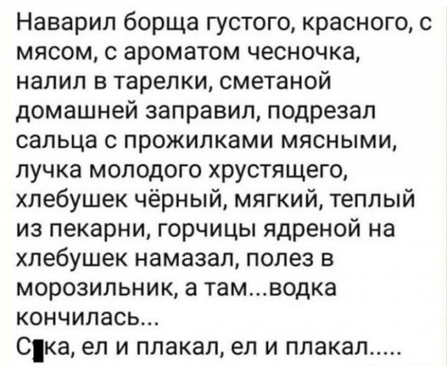 Наварил борща густого красного с мясом с ароматом чесночка налил в тарелки сметаной домашней заправил подрезал сальца с прожилками мясными пучка молодого хрустящего хпебушек чёрный мягкий теплый из пекарни горчицы ядреной на хпебушек намазал полез в морозильник а тамводка кончилась Ска ел и плакал ел и плакал