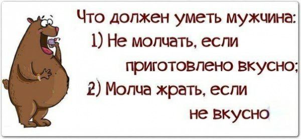 Что должен уметь мужчина 1 Не молчать если приготовлено вкусно 2 Молча жрать если не вкусно