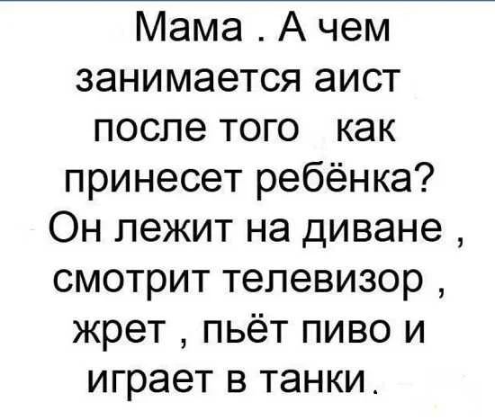 Мама А чем занимается аист после того как принесет ребёнка Он лежит на диване смотрит телевизор жрет пьёт пиво и играет в танки
