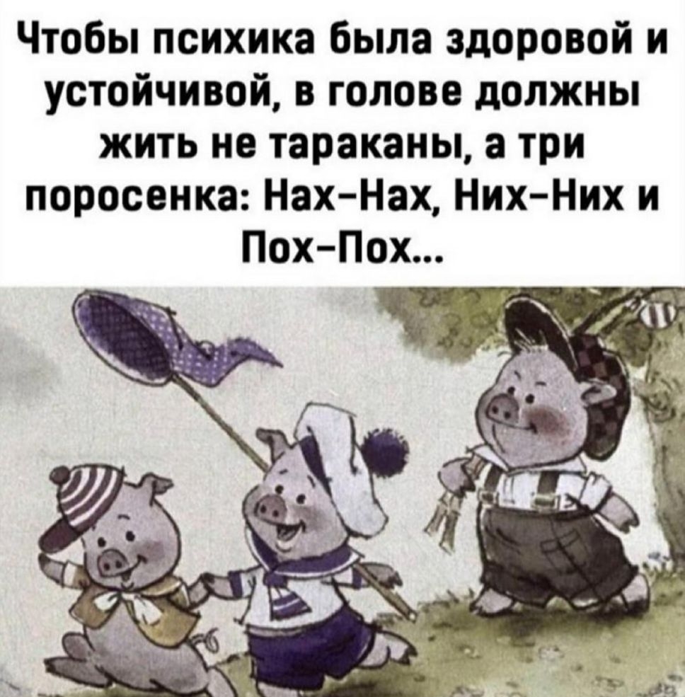 Чтобы психика была здоровой и устойчивой в голове должны жить не тараканы а три поросенка Нах Нах Них Них и Пох Пох