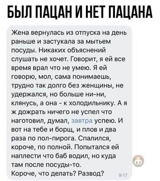 БЫЛ ПАЦАН И НЕТ ПАЦАНА Жена вернулась из отпуска на день раньше и застукапа за мытьем посуды Никаких объяснений слушать не хочет Говорит я ей все время врал что не умею Я ей говорю мол сама понимаешь трудно так долго без женщины не удержался но больше ни ни клянусь а она к холодильнику А я к дожрать ничего не успел что наготовип думал завтра успею И вот на тебе и борщ и плов и два раза по поппирог