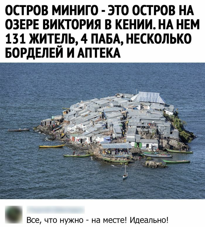 ОСТРОВ МИНИГО ЭТО ОСТРОВ НА ОЗЕРЕ ВИКТОРИЯ В КЕНИИ НА НЕМ 131 ЖИТЕЛЬ 4 ПАБА НЕСКОЛЬКО БОРДЕЛЕИ И АПТЕКА Все что нужно на месге Идеально