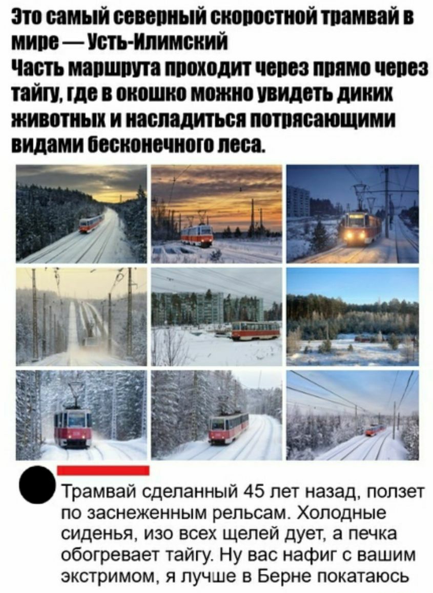 это онный основный отметкой помпой в мим оть Ипимоиий Часть тащит походит чооп попмо попов тайн до в окошко можно пилоть дим животных и насладиться пошяоающими видами оооиоиочиою поод Трамвай сделанный 45 лет назад ползет по заснеженным рельсам Холодные сиденья изо всех щелей дует а печка обогревает тайгу Ну вас нафиг с вашим экстримом я лучше в Берне покатаюсь