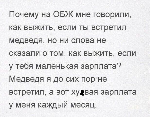 Почему на ОБЖ мне говорили как выжить если ты встретил медведя но ни слова не сказали 0 том как выжить если у тебя маленькая зарплата Медведя я до сих пор не встретил а вот хуцвая зарплата у меня каждый месяц