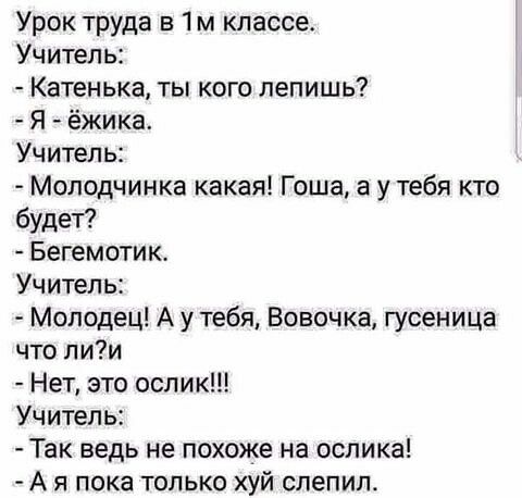 Урок труда в 1м классе Учитель Катенька ты кого лепишь Я ёжика Учитель Моподчинка какая Гоша а у тебя кто будет Бегемотик Учитель Молодец А у тебя Вовочка гусеница что лии Нет это ослик Учитель Так ведь не похоже на ослика А я пока только хуй слепил