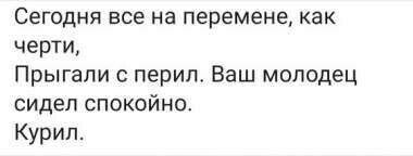 Сегодня все На перемене как черти Прыгали перил Ваш молодец сидел спокойно Курил
