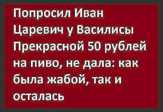 Попросил Иван царевич ку Василисы Прекрасной 510 рублей на пиво не дала как была жабойтак и осталась