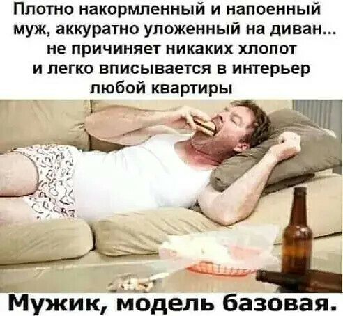 Плотно накормленный и напоенный муж аккуратно уложенный на диван не причиняет никаких хлопот И ЛЕГКО БПИСЫБЗЕТСЯ В ИНТЕРЬЕР любой квартиры _ Мужикнодель базовая