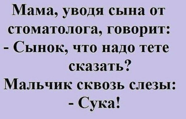 Мама уводя сына от стоматолога говорит Сынок что надо тете сказать Мальчик сквозь слезы Сука
