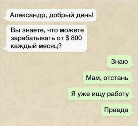 Александр добрый день Вы знаете что можете зарабатывать от 800 каждый месяц Знаю Мам отстань Я уже ищу работу П равда