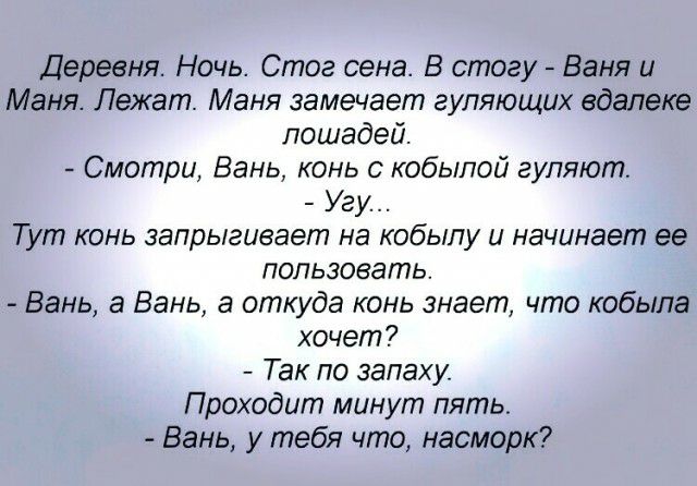 Деревня Ночь Стог сена В стогу Баня и Маня Лежат Маня замечает гуляющих вдалеке лошадей Смотри Вань конь с кобыпой гуляют Угу Тут конь запрыгивает на кобыпу и начинает ее пользовать Вань а Вань а откуда конь знает что кобыла хочет Так по запаху Проходит минут пять Вань у тебя что насморк