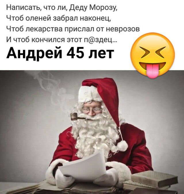 Написать что пи Деду Морозу Чтоб оленей забрал наконец Чтоб лекарства прислал от неврозов И чтоб кончился этот пздец Андрей 45 лет