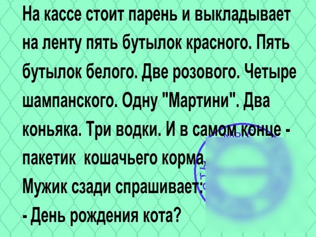 На кассе стоит парень и выкладывает на ленту пять бутылок красного Пять бутылок белого две розового Четыре шампанского Одну Мартини Два коньяка Три водки И в са пакетик кошачьего кор Мужик сзади спрашивае 7 День рождения кота