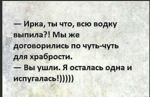 Ирка ты что всю водку выпила Мы же договорились по чуть чуть для храбрости Вы ушли Я осталась одна и испугалась