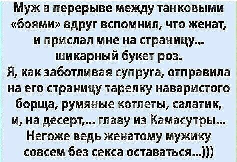 Муж в перерыве между танковыми боями вдруг вспомнил что женат и прислал мне на страницу шикарный букет роз Я как заботливая супруга отправила на его страницу тарелку наваристого борща румяные котлеты салатик и на десерт главу из Камасутры Негоже ведь женатому мужику совсем без секса оставаться