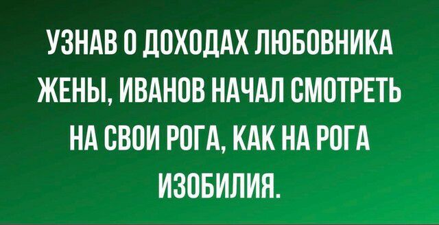 УЗНАВ 0 ЦОХПДАХ ЛЮБПВНИКА ЖЕНЫ ИВАНПВ НАЧАЛ СМОТРЕТЬ НА СВОИ РПГА КАК НА РОГА ИЗОБИЛИЯ