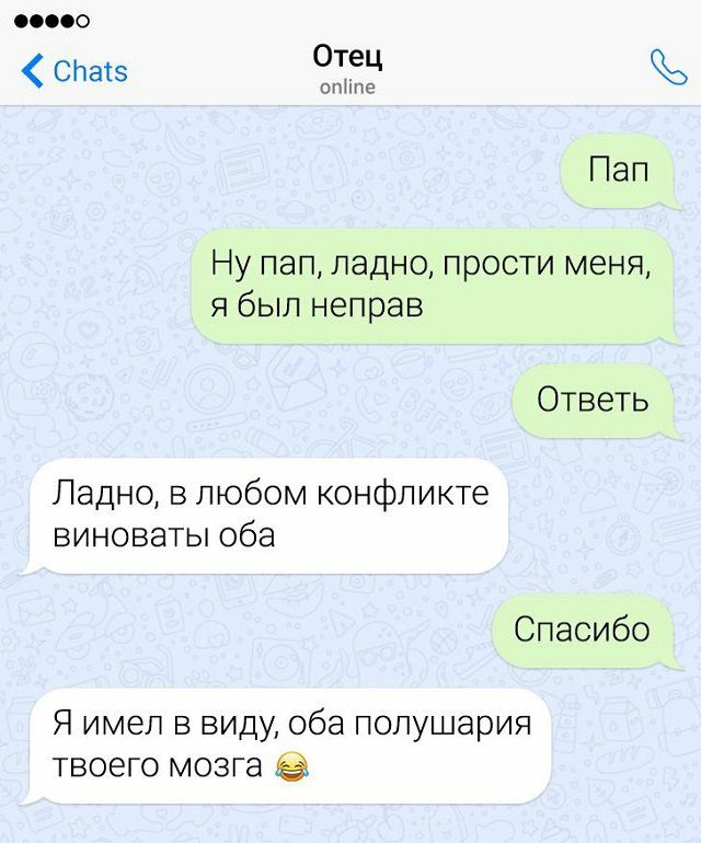 000 СНаіз Отец оіпе Пап Ну пап ладно прости меня я был неправ Ответь Ладно в любом конфликте виноваты оба Спасибо Я имел в виду оба полушария твоего мозга