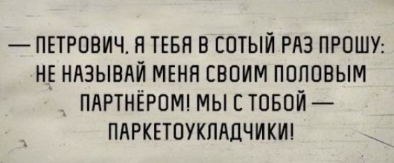 ПЕТРОВИЧ Я ТЕБЯ В СОТЫЙ РАЗ ПРОШУ НЕ НАЗЫВАЙ МЕНЯ СВОИМ ПОПОВЫМ _ ПАРТНЁРПМ МЫ С ТОБОЙ ПАРКЕТПУКЛАДЧИКШ