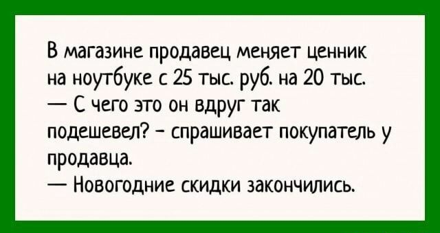 В магазине продавец меняет ценник на ноутбуке с 25 тыс руб на 20 тыс С чего это он вдруг так подешевел спрашивает покупатель у продавца Новогодние скидки закончились