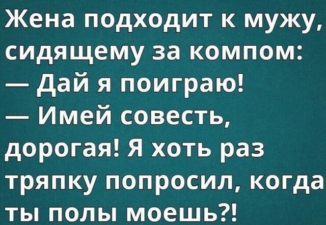 Жена подх0дит к мужу сидящему за компом дай я поиграю Имей совесть дорогая Я хоть раз тряпку попросил когда ты полы моешь