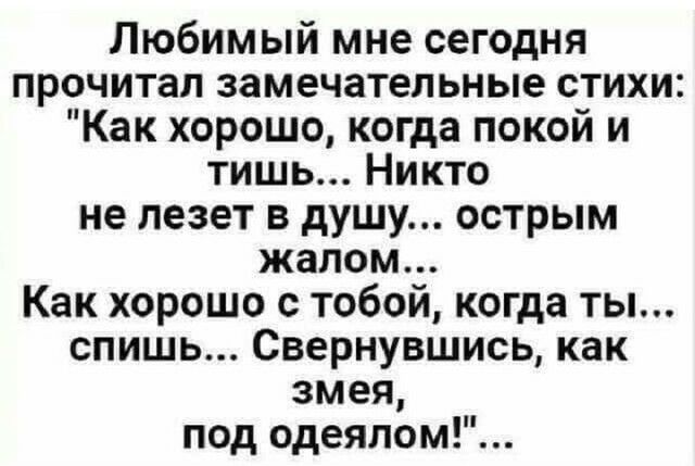 Любимый мне сегодня прочитал замечательные стихи Как хорошо когда покой и тишь Никто не лезет в душу острым жалом Как хорошо с тобой когда ты спишь Свернувшись как змея под одеялом