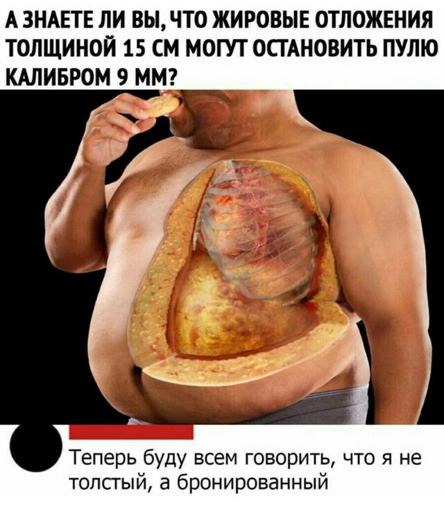 А ЗНАЕТЕ ЛИ ВЫ ЧТО ЖИРОВЫЕ ОТЛОЖЕНИЯ ТОЛЩИНОЙ 15 СМ МОГУТ ОСТАНОВИТЬ ПУЛЮ КАЛИБРОМ 9 ММ Теперь буду всем говорить что я не толстый а бронированный